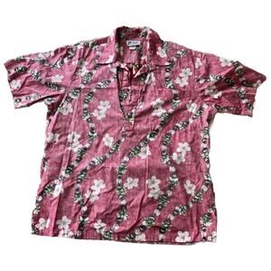 Malihini Vintage Men L Red Floral Short Sleeve 1/2 Button Cotton Hawaiian Shirt